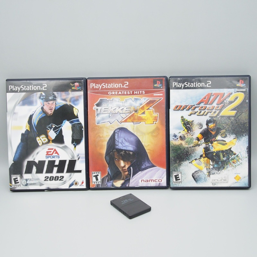 PS2 Game Lot of 3 + 128mb Memory Card Tekken 4 ATV 2 NHL 2002 Sony Playstation 2